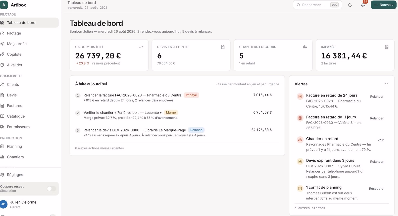 Artibox, ordinateur : Tableau de bord
