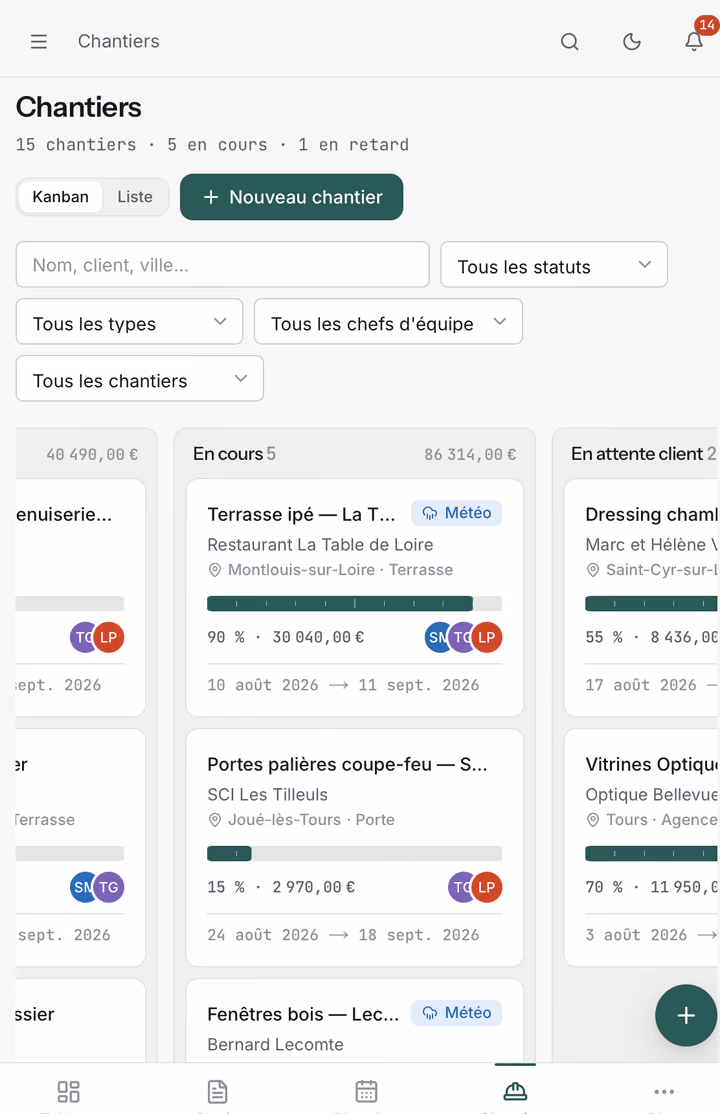 Artibox, téléphone : Chantiers en kanban