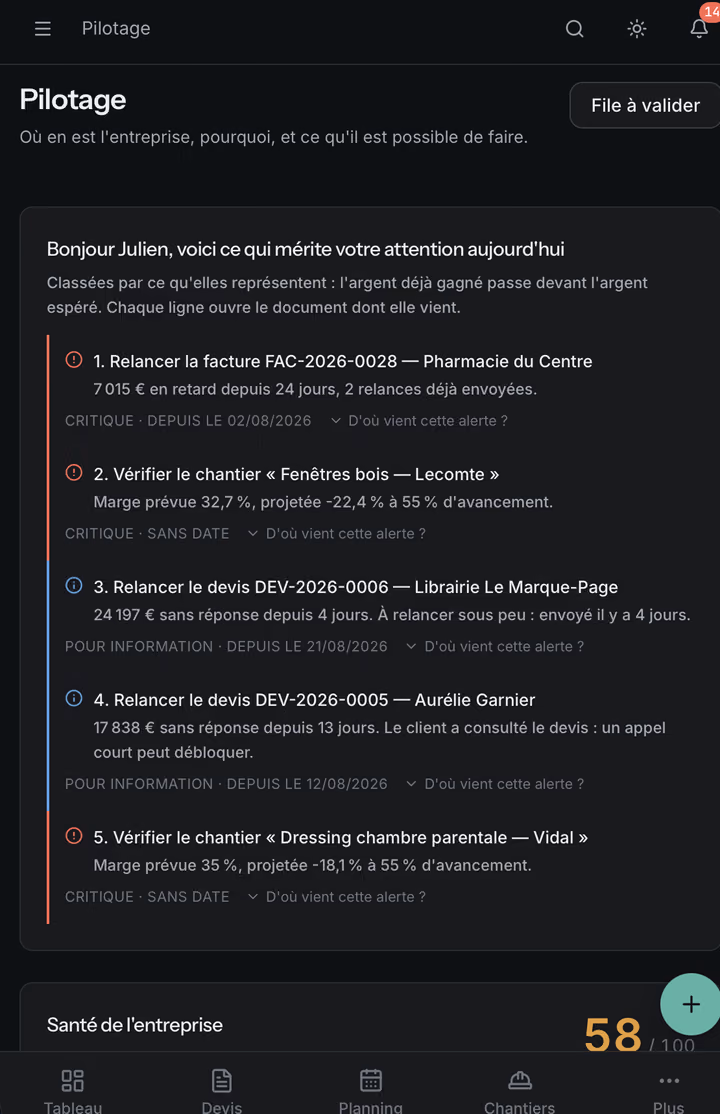Artibox, téléphone : Pilotage, en mode sombre